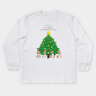 Happy Howlidays with Christmas Tree and Santa Puppies (Great Dane, Australian Shepherd, Brittany Spaniel and English Bulldog) Kids Long Sleeve T-Shirt